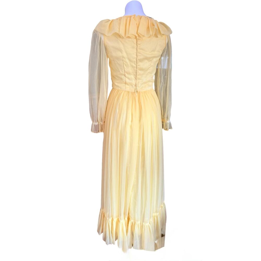 Vintage 1970 Butter Yellow Chiffon Ruffle Gown Full Sweep Overlay Bishop Sleeve - Picture 8 of 10